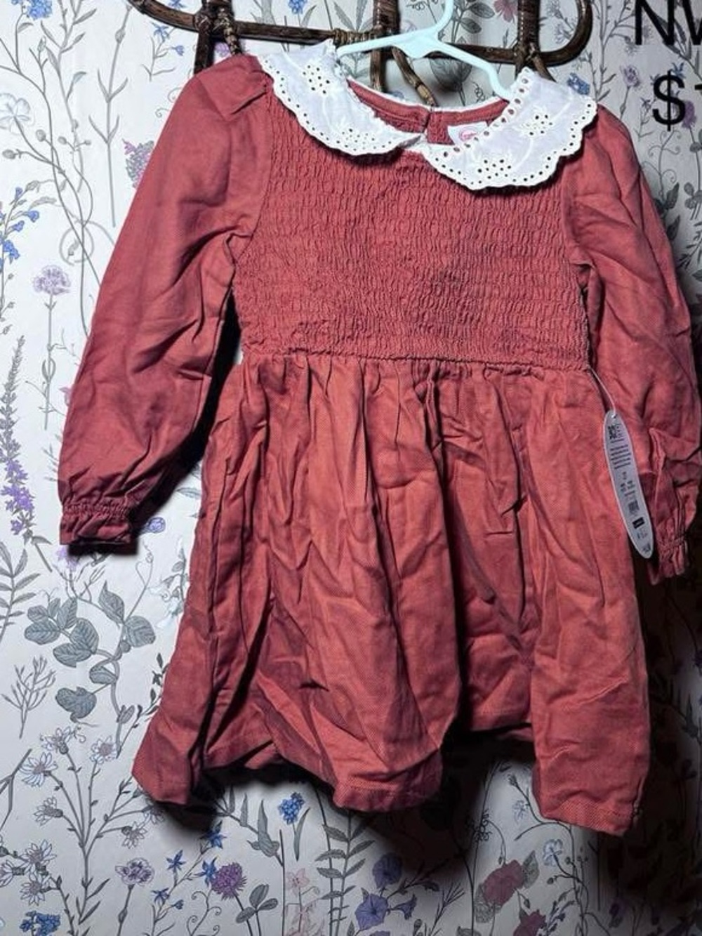 Girls' Long Sleeve Smocked Dress with Eyelet Collar - Pink